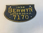 1932 Berwyn Illinois Vehicle License Plate Tax Tag Topper, Nice Original Chicago. Fixed Price $150.00.