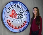 Chevy Corvette C1 36" Steel Case Neon Sign Chevrolet Racing Flags Lamp Light. Fixed Price $1199.99.