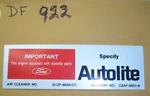Mustang Autolite D1ZF 9600-CC Air Cleaner Decal 922 $9.95 W/ship Included. Fixed Price $9.95.