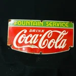 Coca Cola Fountain Gas Station Porcelain Enamel Sign 27 X 14. Fixed Price $139.00.