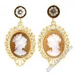 Vintage 14K Gold Carved Shell Cameo W/ Open Filigree Frame Drop Dangle Earrings. Fixed Price $701.25.