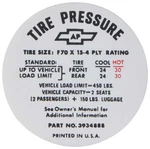 1968-72 Corvette Tire Pressure Decal (OE#3934888). Fixed Price $8.99.